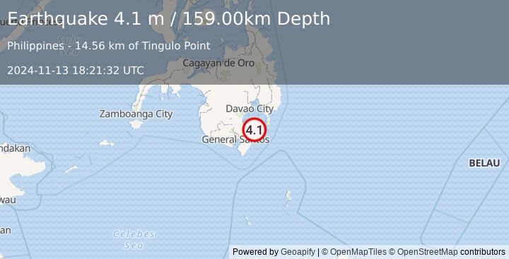 Earthquake MINDANAO, PHILIPPINES (4.1 m) (2024-11-13 18:21:32 UTC)