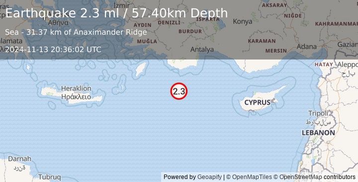 Earthquake EASTERN MEDITERRANEAN SEA (2.3 ml) (2024-11-13 20:36:02 UTC)