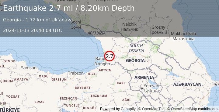 Earthquake GEORGIA (SAK'ART'VELO) (2.7 ml) (2024-11-13 20:40:04 UTC)