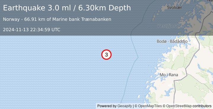 Earthquake NORWEGIAN SEA (3.0 ml) (2024-11-13 22:34:59 UTC)