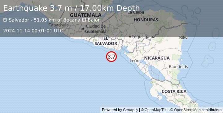 Earthquake OFFSHORE EL SALVADOR (3.7 m) (2024-11-14 00:01:01 UTC)