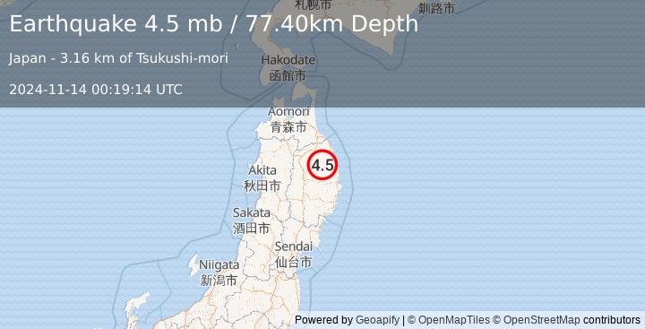 Earthquake EASTERN HONSHU, JAPAN (4.5 mb) (2024-11-14 00:19:14 UTC)