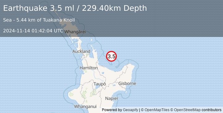 Earthquake NORTH ISLAND OF NEW ZEALAND (3.5 ml) (2024-11-14 01:42:04 UTC)