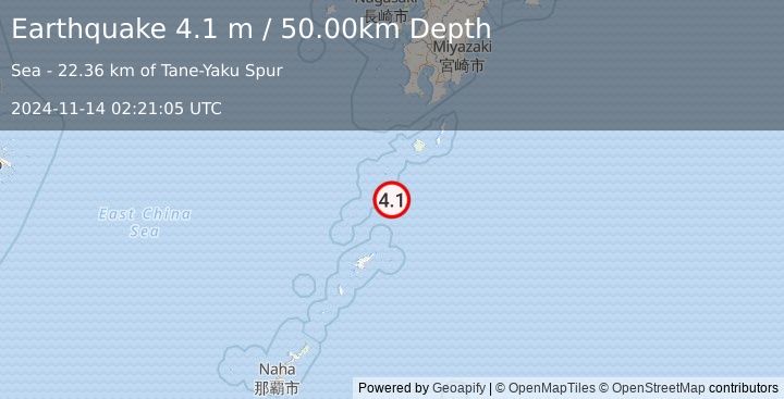 Earthquake RYUKYU ISLANDS, JAPAN (4.1 m) (2024-11-14 02:21:05 UTC)