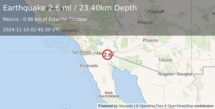 Earthquake BAJA CALIFORNIA, MEXICO (2.6 ml) (2024-11-14 02:40:30 UTC)