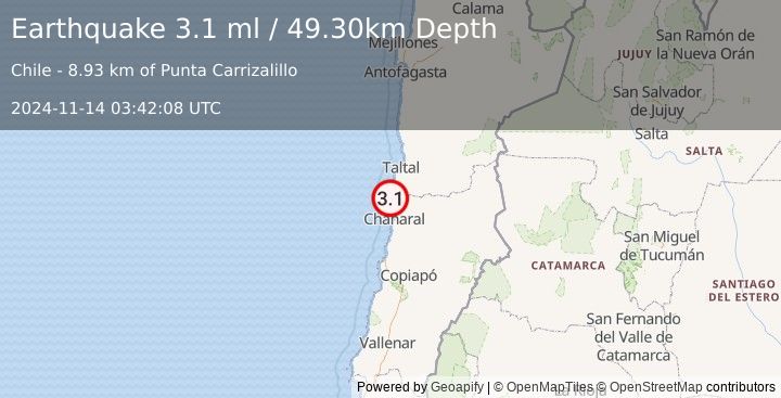 Earthquake OFFSHORE ANTOFAGASTA, CHILE (3.1 ml) (2024-11-14 03:42:08 UTC)