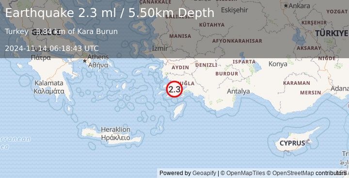 Earthquake DODECANESE IS.-TURKEY BORDER REG (2.3 ml) (2024-11-14 06:18:43 UTC)