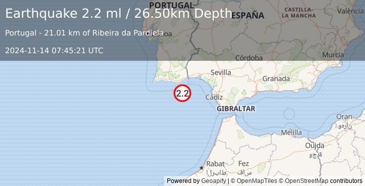 Earthquake STRAIT OF GIBRALTAR (2.2 ml) (2024-11-14 07:45:21 UTC)