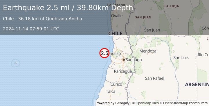 Earthquake OFFSHORE VALPARAISO, CHILE (2.5 ml) (2024-11-14 07:59:01 UTC)