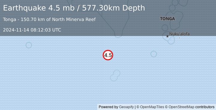 Earthquake SOUTH OF FIJI ISLANDS (4.5 mb) (2024-11-14 08:12:03 UTC)