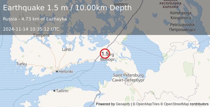 Earthquake FINLAND-RUSSIA BORDER REGION (1.5 m) (2024-11-14 10:35:12 UTC)