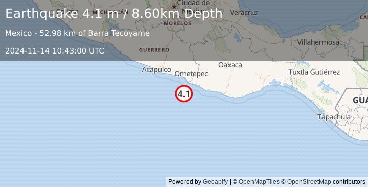 Earthquake OFFSHORE OAXACA, MEXICO (4.1 m) (2024-11-14 10:43:00 UTC)