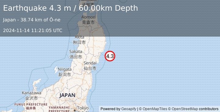 Earthquake NEAR EAST COAST OF HONSHU, JAPAN (4.3 m) (2024-11-14 11:21:05 UTC)