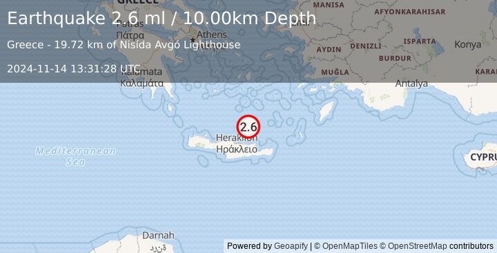 Earthquake CRETE, GREECE (2.6 ml) (2024-11-14 13:31:28 UTC)