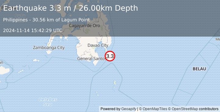 Earthquake MINDANAO, PHILIPPINES (3.3 m) (2024-11-14 15:42:29 UTC)