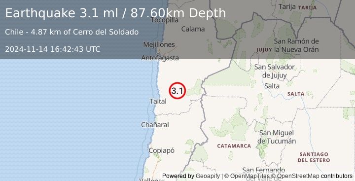 Earthquake ANTOFAGASTA, CHILE (3.1 ml) (2024-11-14 16:42:43 UTC)