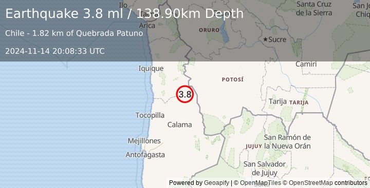 Earthquake ANTOFAGASTA, CHILE (3.8 ml) (2024-11-14 20:08:33 UTC)