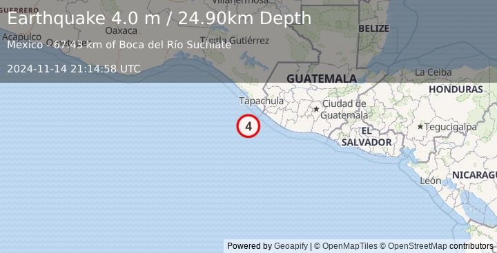 Earthquake OFFSHORE CHIAPAS, MEXICO (4.0 m) (2024-11-14 21:14:58 UTC)