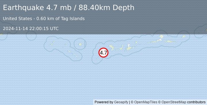 Earthquake ANDREANOF ISLANDS, ALEUTIAN IS. (4.7 mb) (2024-11-14 22:00:15 UTC)