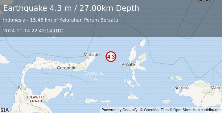 Earthquake MOLUCCA SEA (4.3 m) (2024-11-14 22:42:14 UTC)