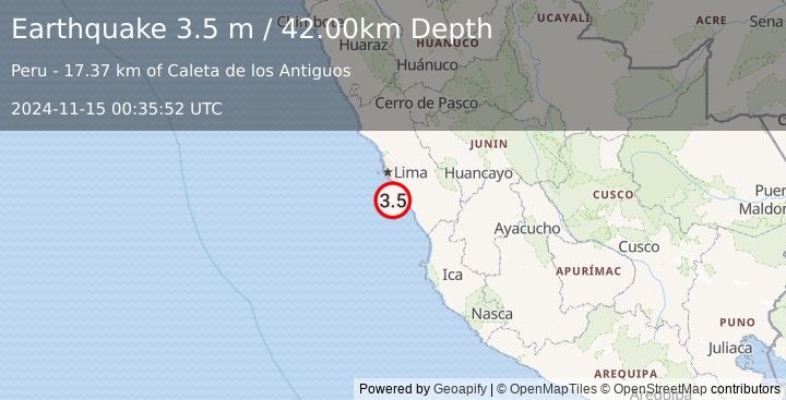 Earthquake NEAR COAST OF CENTRAL PERU (3.5 m) (2024-11-15 00:35:52 UTC)