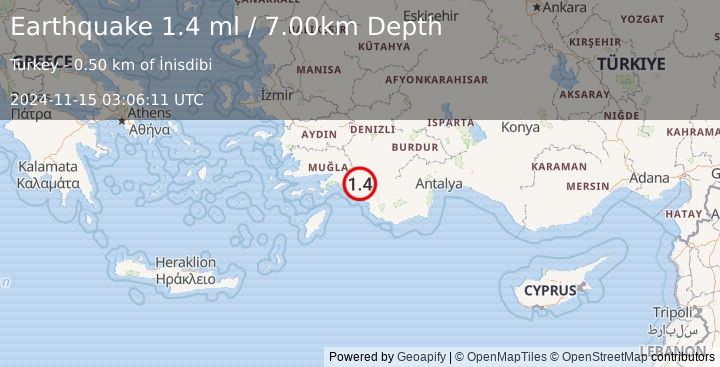 Earthquake DODECANESE IS.-TURKEY BORDER REG (1.4 ml) (2024-11-15 03:06:11 UTC)