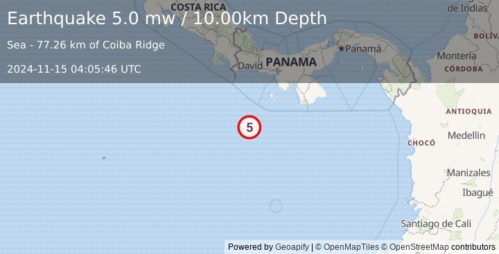 Earthquake SOUTH OF PANAMA (5.0 mw) (2024-11-15 04:05:46 UTC)