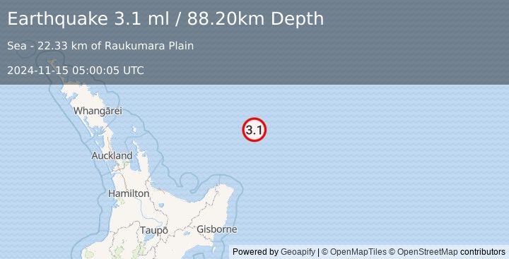 Earthquake OFF E. COAST OF N. ISLAND, N.Z. (3.1 ml) (2024-11-15 05:00:05 UTC)