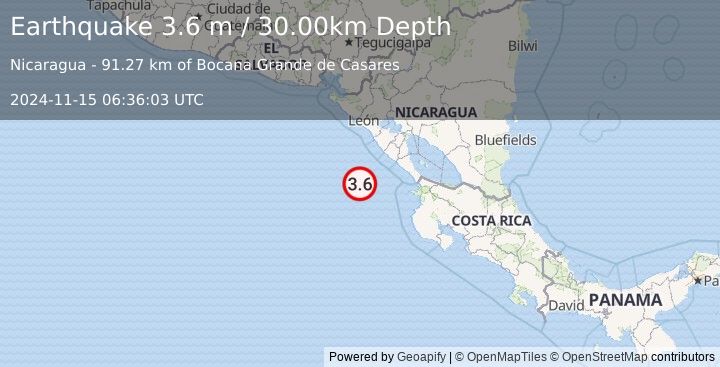 Earthquake NEAR COAST OF NICARAGUA (3.6 m) (2024-11-15 06:36:03 UTC)