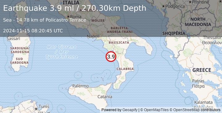 Earthquake SOUTHERN ITALY (3.9 ml) (2024-11-15 08:20:45 UTC)