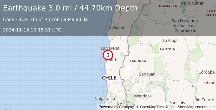 Earthquake COQUIMBO, CHILE (3.0 ml) (2024-11-15 10:18:31 UTC)