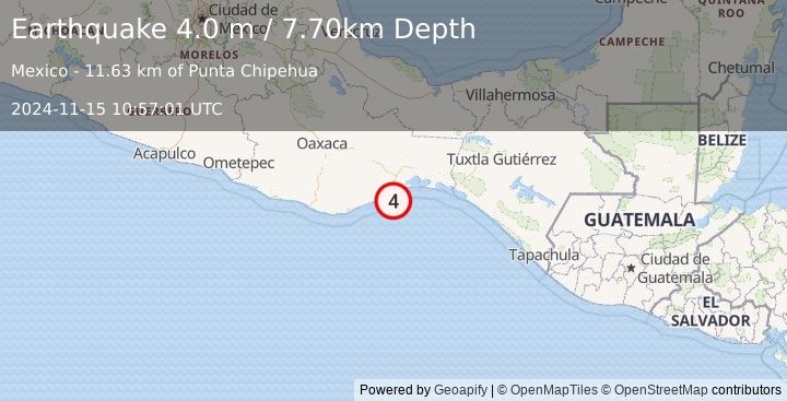 Earthquake OFFSHORE OAXACA, MEXICO (4.0 m) (2024-11-15 10:57:01 UTC)