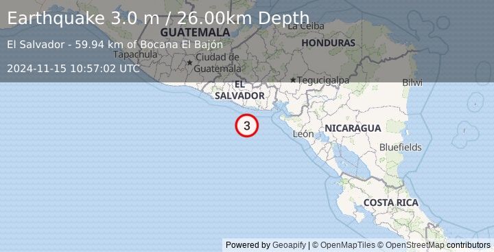 Earthquake OFFSHORE EL SALVADOR (3.0 m) (2024-11-15 10:57:02 UTC)