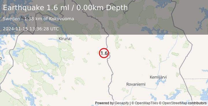 Earthquake SWEDEN (1.6 ml) (2024-11-15 13:36:28 UTC)