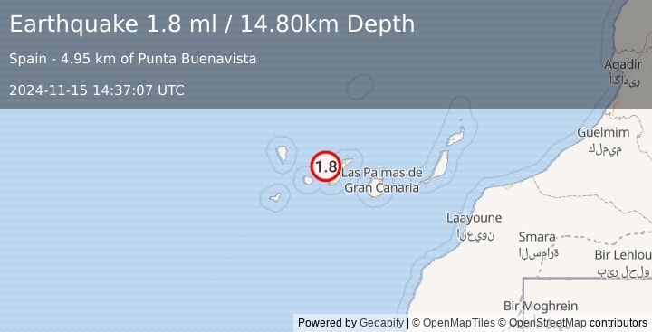 Earthquake CANARY ISLANDS, SPAIN REGION (1.8 ml) (2024-11-15 14:37:07 UTC)