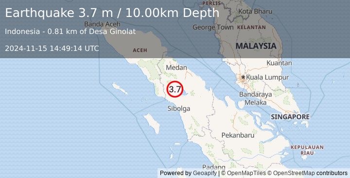 Earthquake NORTHERN SUMATRA, INDONESIA (3.7 m) (2024-11-15 14:49:14 UTC)