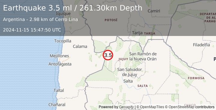 Earthquake JUJUY, ARGENTINA (3.5 ml) (2024-11-15 15:47:50 UTC)