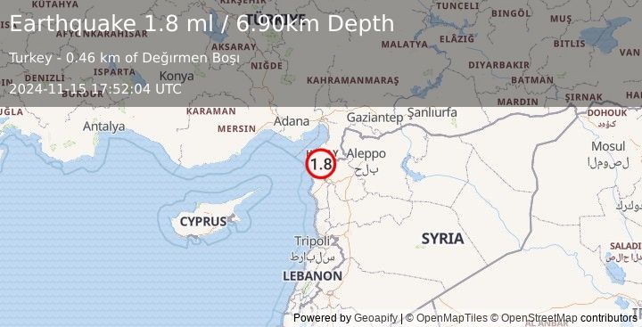 Earthquake TURKEY-SYRIA BORDER REGION (1.8 ml) (2024-11-15 17:52:04 UTC)