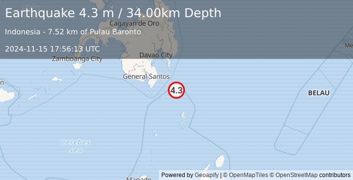 Earthquake MINDANAO, PHILIPPINES (4.3 m) (2024-11-15 17:56:13 UTC)