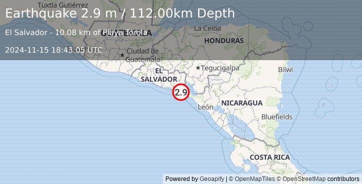 Earthquake OFFSHORE EL SALVADOR (2.9 m) (2024-11-15 18:43:05 UTC)