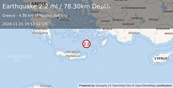 Earthquake DODECANESE ISLANDS, GREECE (2.2 ml) (2024-11-15 19:53:12 UTC)