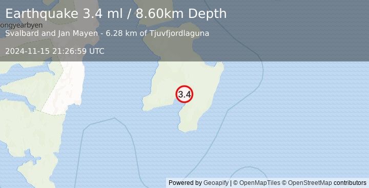 Earthquake SVALBARD REGION (3.4 ml) (2024-11-15 21:26:59 UTC)