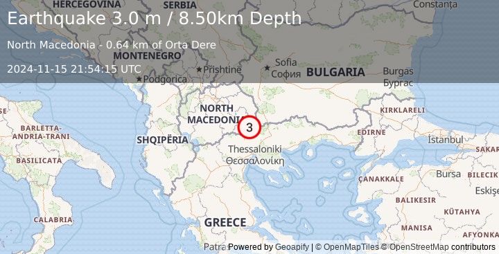 Earthquake REPUBLIC OF NORTH MACEDONIA (3.0 m) (2024-11-15 21:54:15 UTC)