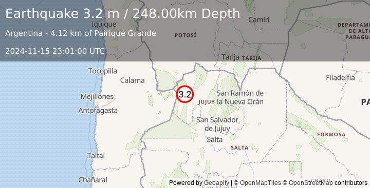 Earthquake JUJUY, ARGENTINA (3.2 m) (2024-11-15 23:01:00 UTC)