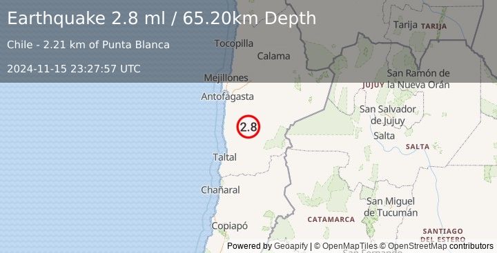 Earthquake ANTOFAGASTA, CHILE (2.8 ml) (2024-11-15 23:27:57 UTC)