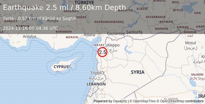 Earthquake SYRIA (2.5 ml) (2024-11-16 00:04:36 UTC)