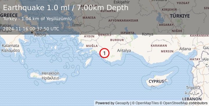 Earthquake WESTERN TURKEY (1.0 ml) (2024-11-16 00:37:50 UTC)