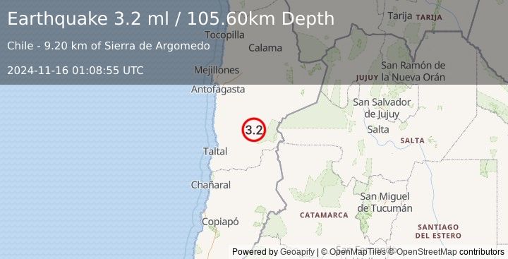 Earthquake ANTOFAGASTA, CHILE (3.2 ml) (2024-11-16 01:08:55 UTC)