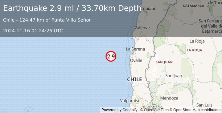 Earthquake OFF COAST OF COQUIMBO, CHILE (2.9 ml) (2024-11-16 01:24:26 UTC)