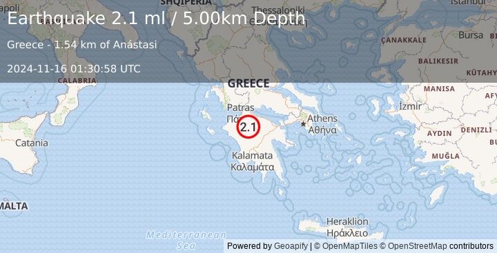 Earthquake SOUTHERN GREECE (2.1 ml) (2024-11-16 01:30:58 UTC)